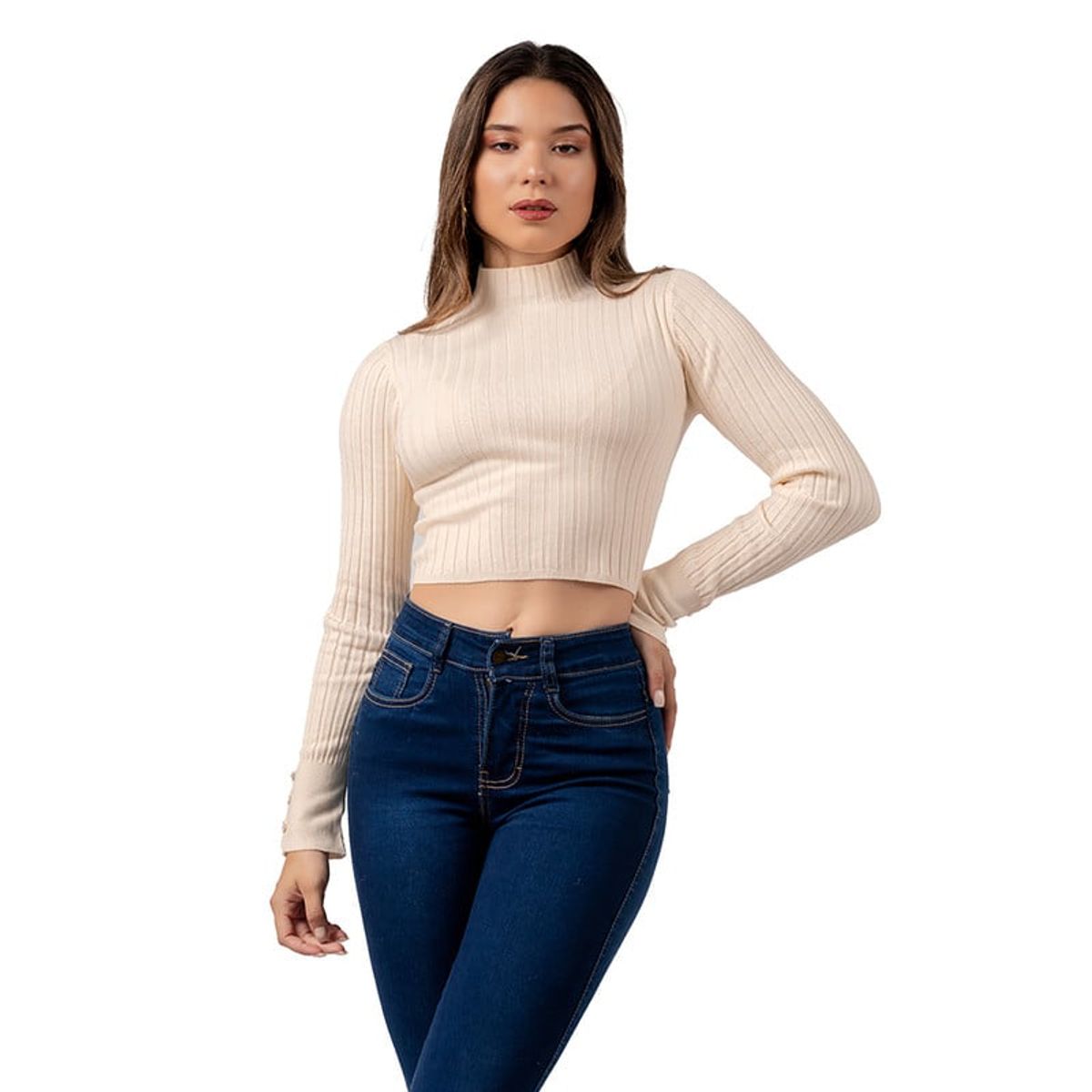INDEMA - Chompa Crop Cuello Alto de Cashemira Color Crema