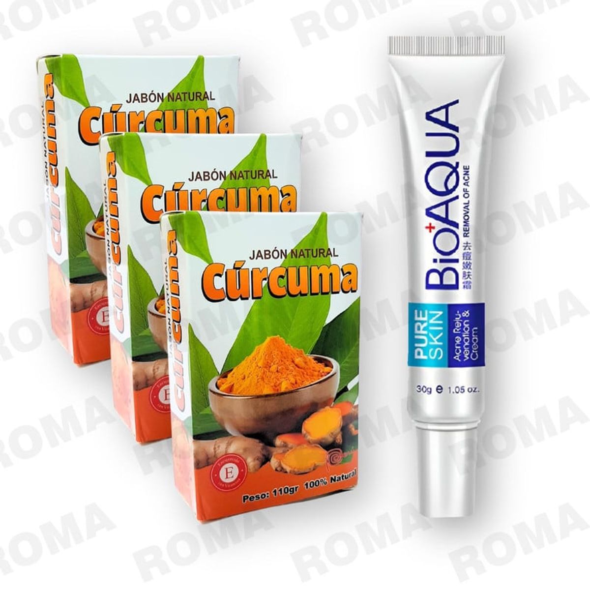 BIOAQUA - KIT 3 JABÓN EN BARRA DE CÚRCUMA 110G Y CREMA ANTI ACNÉ BIOAQUA 30G