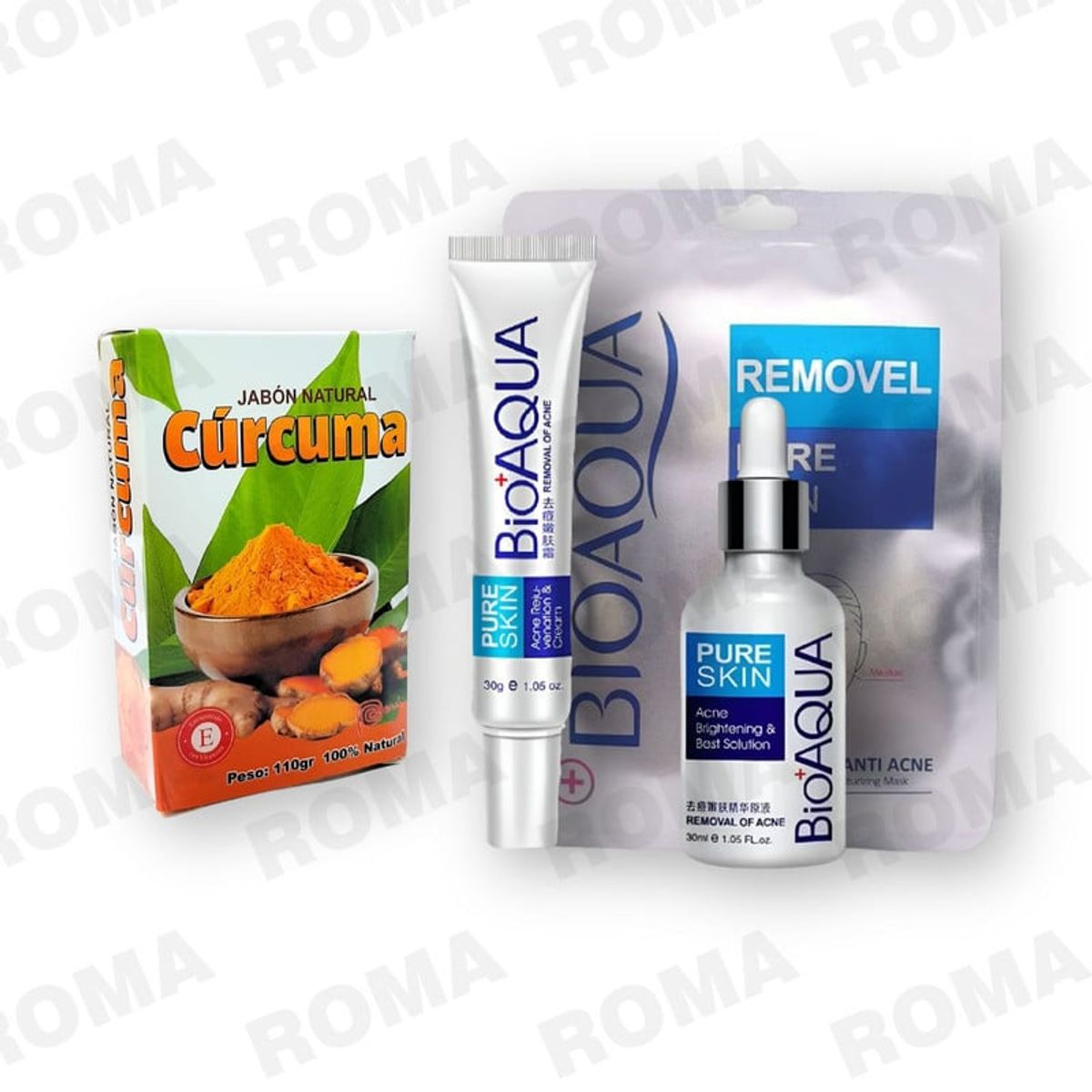 BIOAQUA - KIT JABÓN CÚRCUMA 110G + CREMA MASCARILLA Y SERUM ANTIACNÉ BIOAQUA