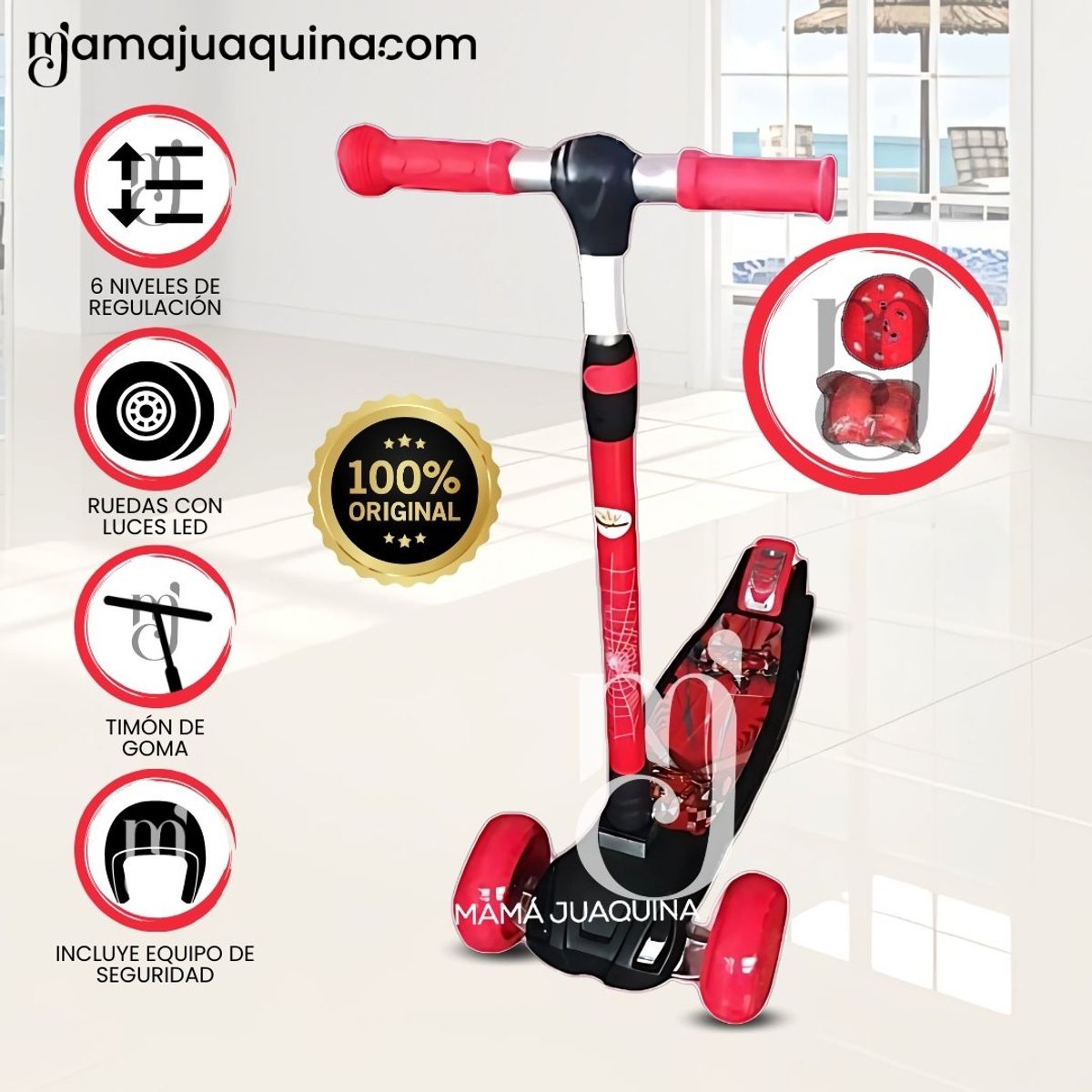 FIRST TOY - Scooter para Niños con Kit de Protección «FUNNY KIDS» Red