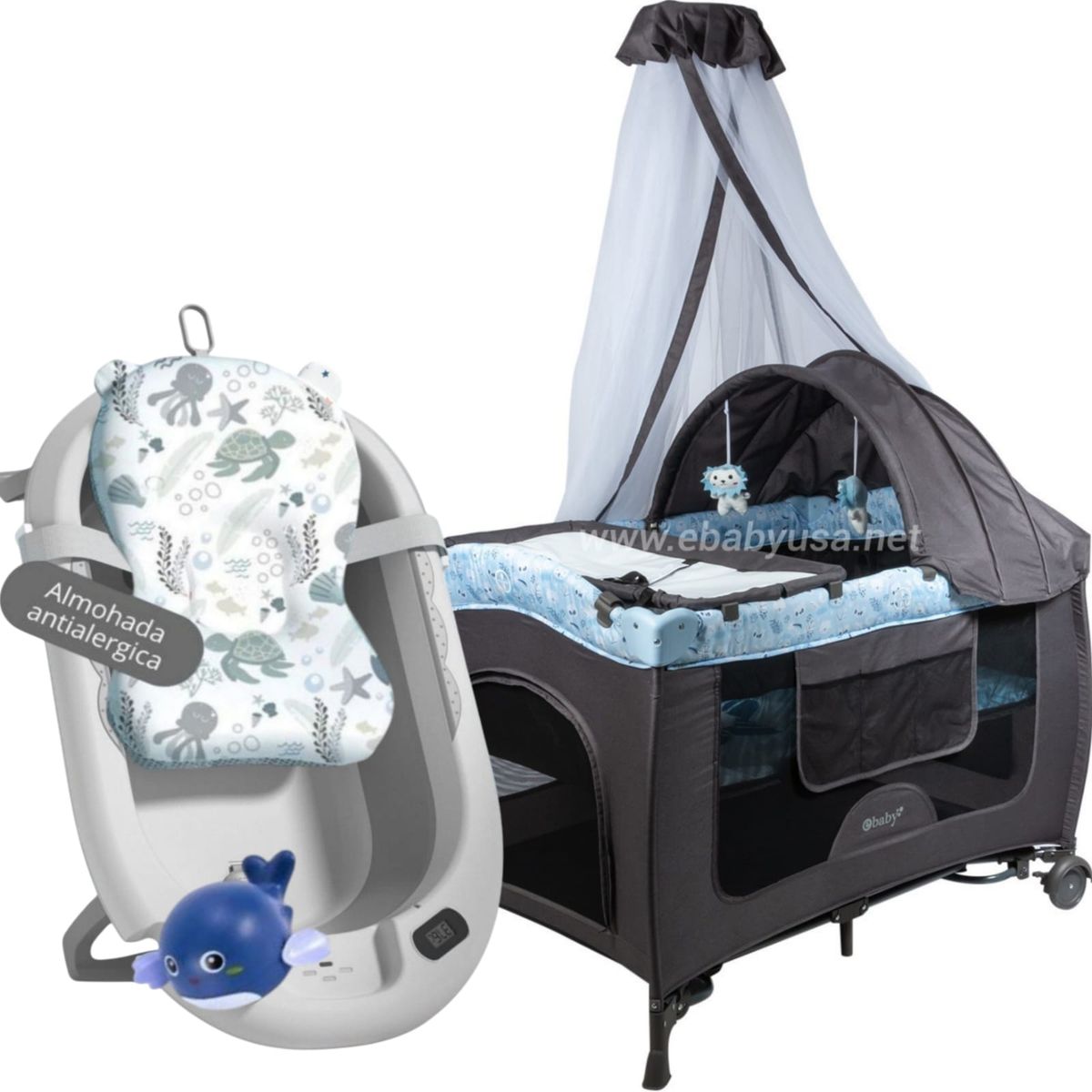 EBABY - Cuna Corral Mecedora Sally + Bañera Plegable para Bebé