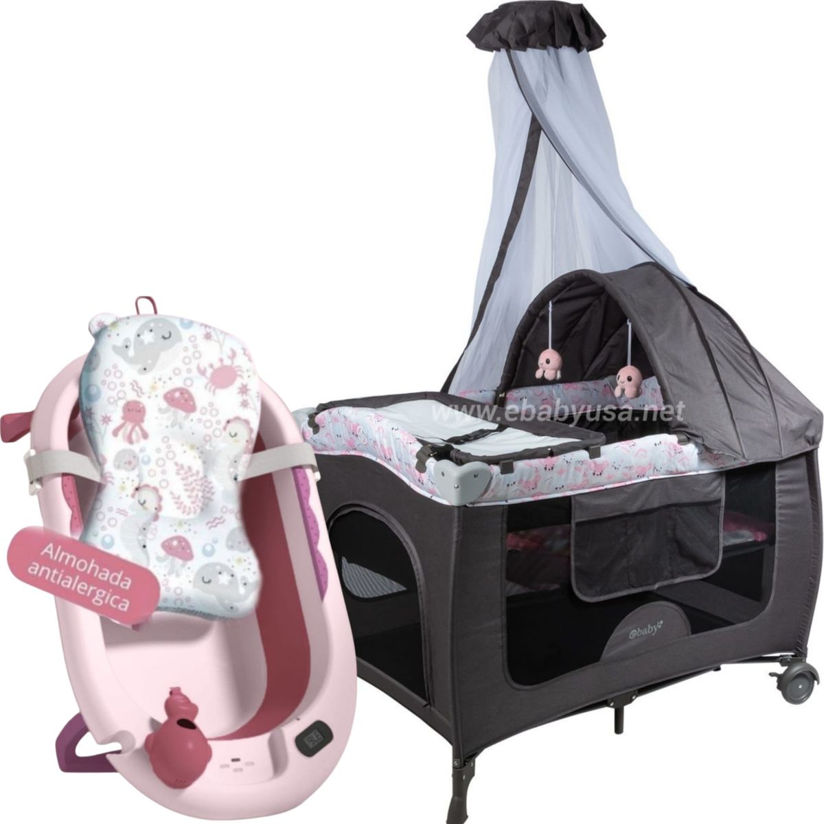 EBABY - Cuna Corral Mecedora Sally + Bañera Plegable para Bebé
