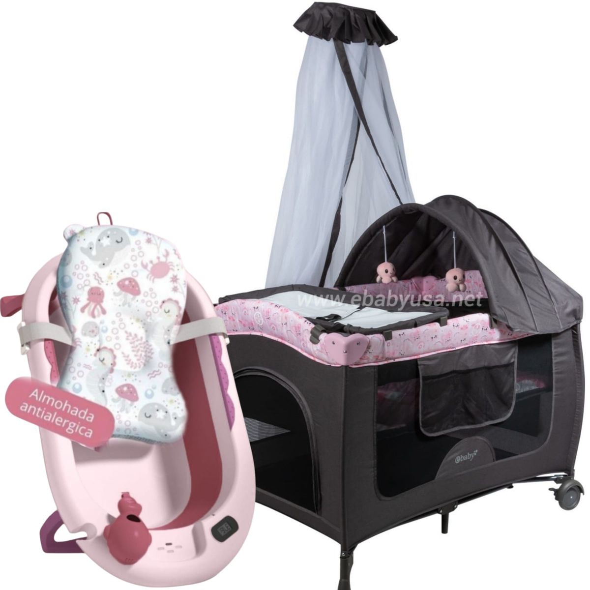 EBABY - Cuna Corral Mecedora Sally + Bañera Plegable para Bebé