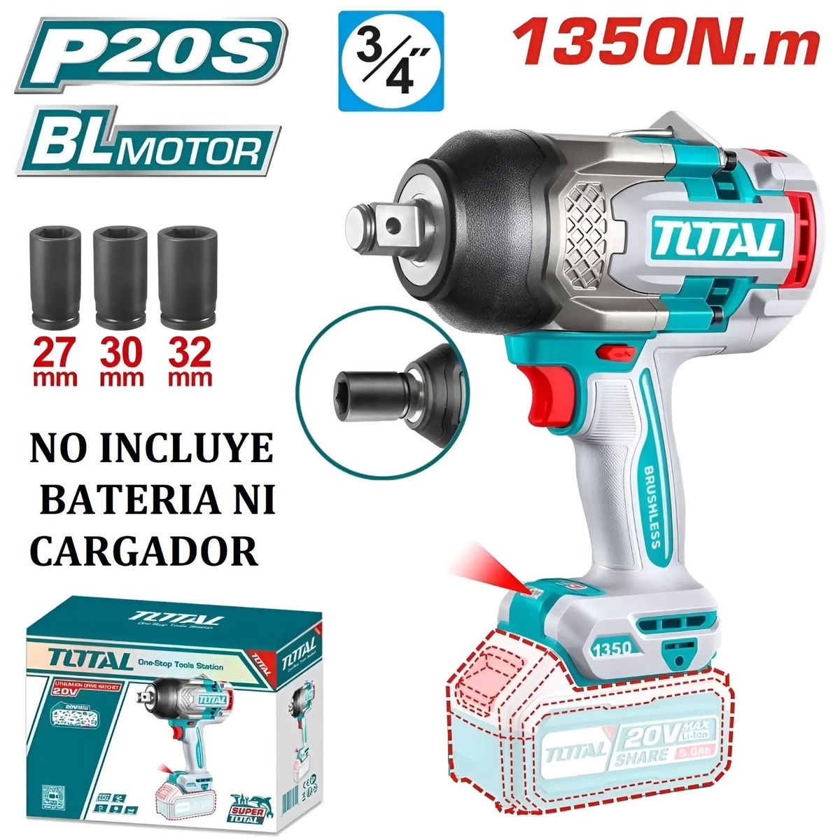 TOTAL TOOLS - Llave Impacto 1350nm Motor BL 20v 3-Cuartos Solo Cabezal - TIWLI201351