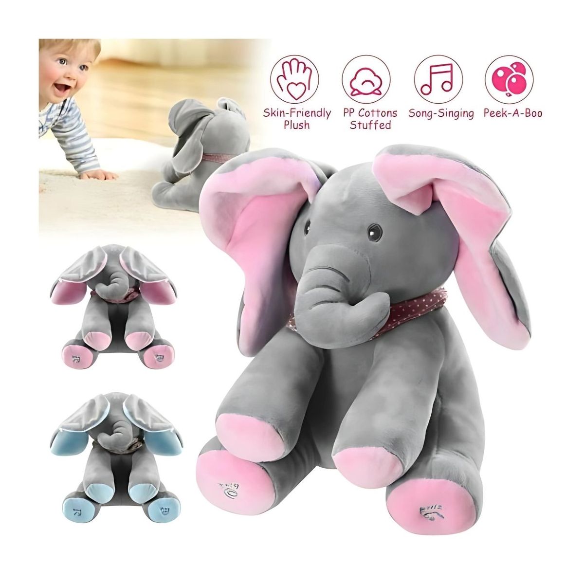 GENERICO - Elefante Musical Peluche que Mueve las Orejas Rosa