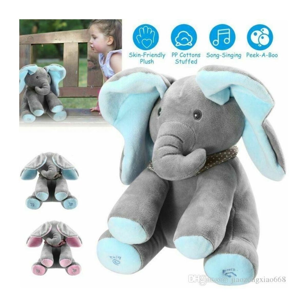 GENERICO - Elefante Musical Peluche que Mueve las Orejas Celeste para Bebé