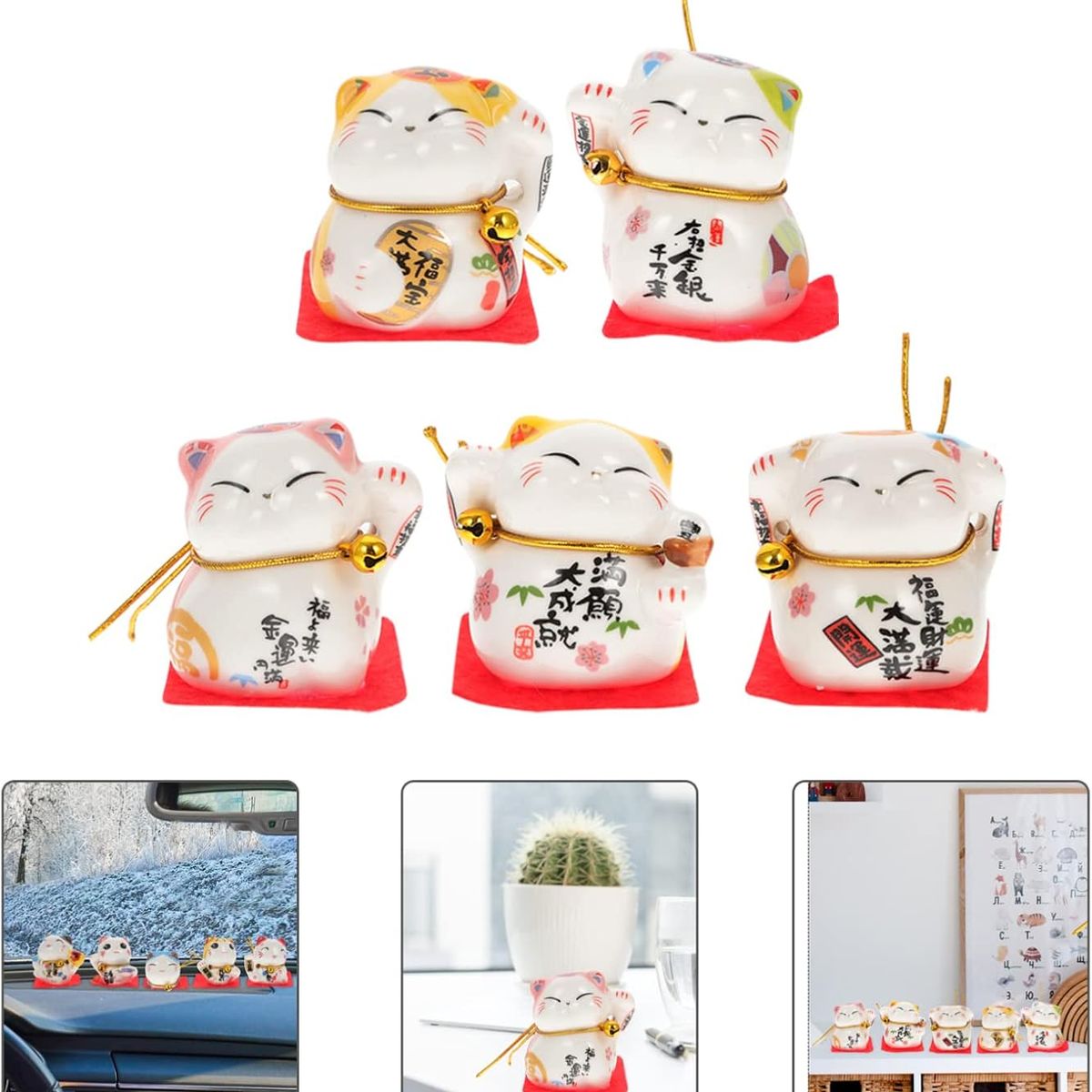 GENERICO - 5 ADORNOS DE GATO CHINO DECORATIVOS DIFERENTES DESEOS RIQUEZA Y FORTUNA