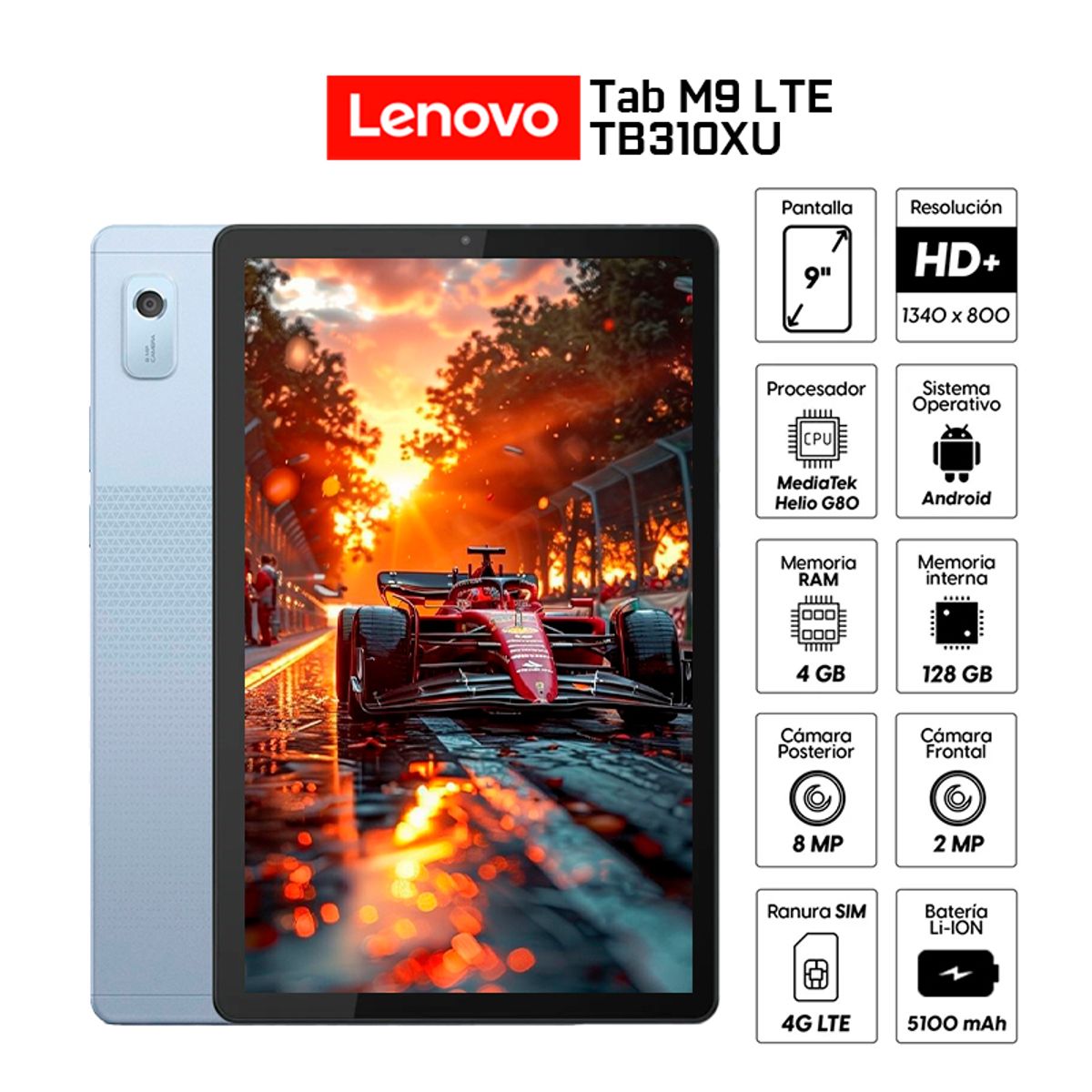 LENOVO - Tablet Lenovo Tab M9 TB310XU 9 HD 4G LTE 4GB 128GB Octa Core Android 13 Folio Case