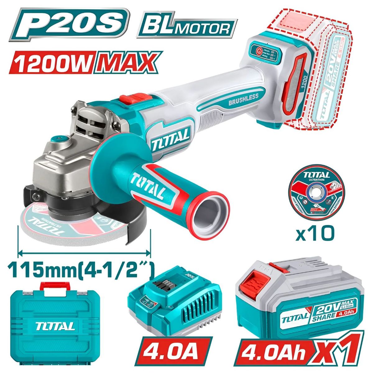 TOTAL TOOLS - Amoladora 4-Un Medio Pulgadas Inalámbrica 1200W A Batería 20v - TAGLI2211531