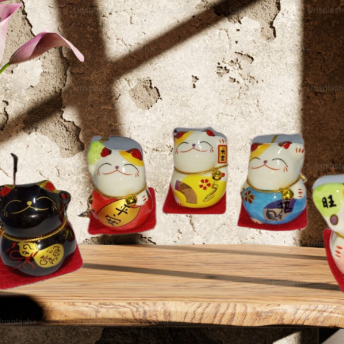 GENERICO - 5 ADORNOS DE GATO CHINO DECORATIVOS DIFERENTES DESEOS RIQUEZA Y FORTUNA