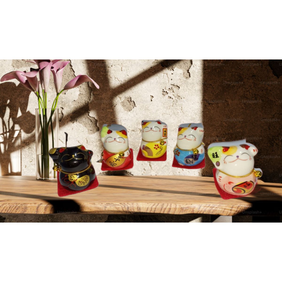 GENERICO - 5 ADORNOS DE GATO CHINO DECORATIVOS DIFERENTES DESEOS RIQUEZA Y FORTUNA