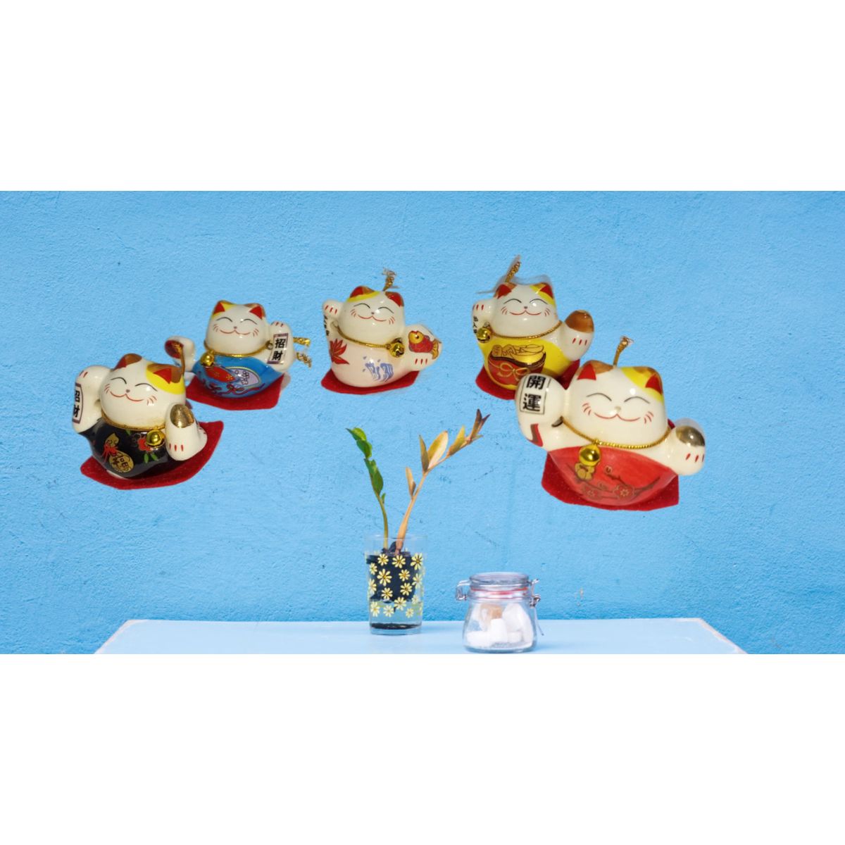 GENERICO - 5 ADORNOS DE GATO CHINO DECORATIVOS DIFERENTES DESEOS RIQUEZA Y FORTUNA
