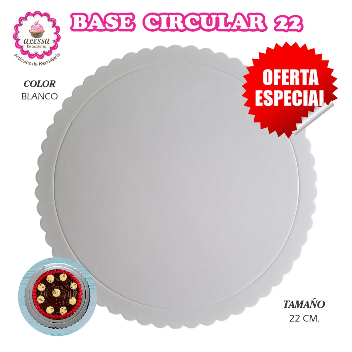GENERICO - 100 Bases Blancas de Torta Pastel de 22 cm. para Repostería