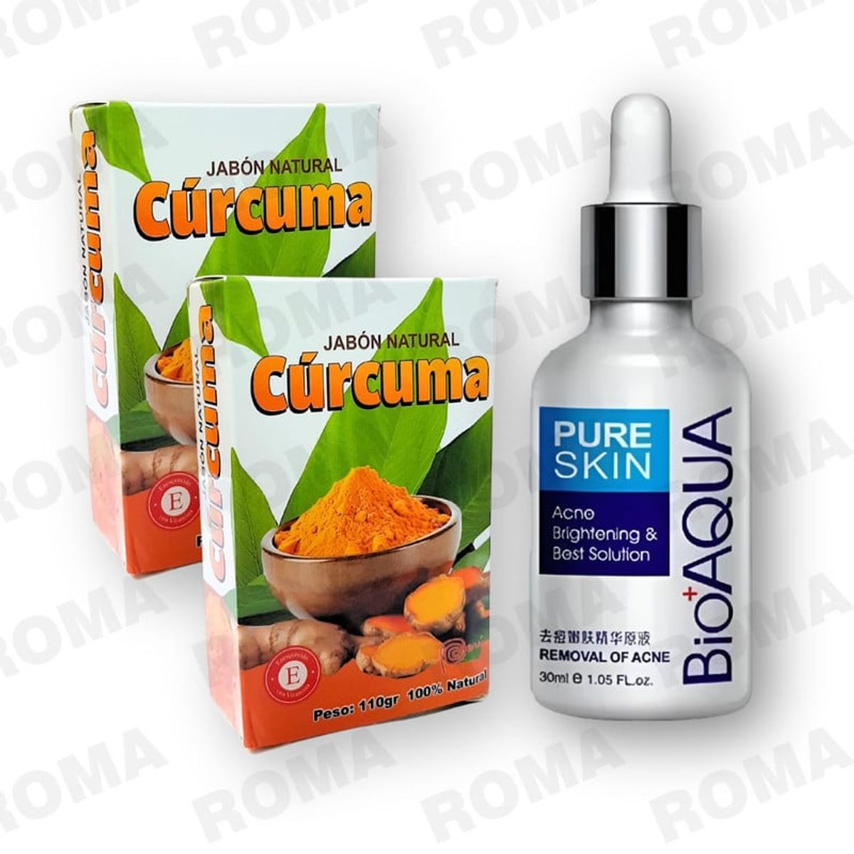 BIOAQUA - 2 JABÓNES EN BARRA DE CÚRCUMA 110G Y SERUM ANTI ACNÉ BIOAQUA 30ML