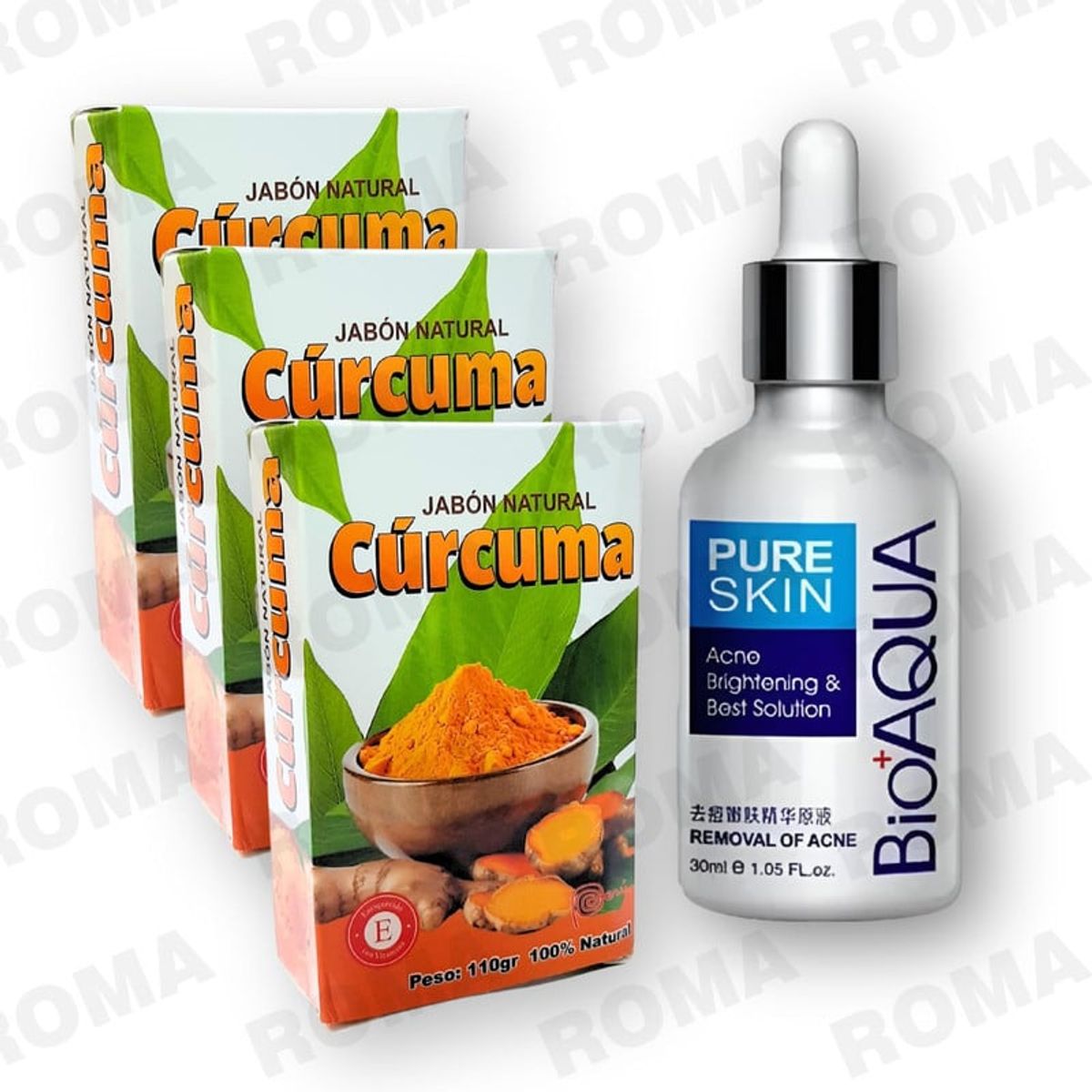 BIOAQUA - 3 JABÓNES EN BARRA DE CÚRCUMA 110G Y SERUM ANTI ACNÉ BIOAQUA 30ML