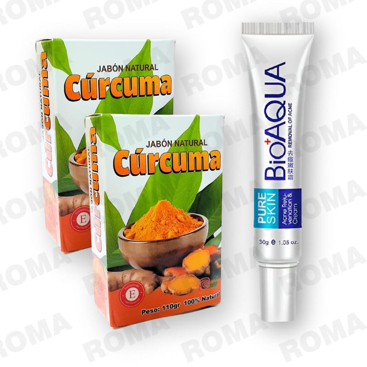 BIOAQUA - 2 JABÓNES EN BARRA DE CÚRCUMA 110G Y CREMA ANTI ACNÉ BIOAQUA 30G
