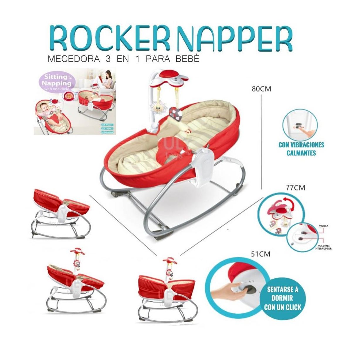 GENERICO - MECEDORA PORTÁTIL 3 EN 1 ROCKER NAPPER ROJO