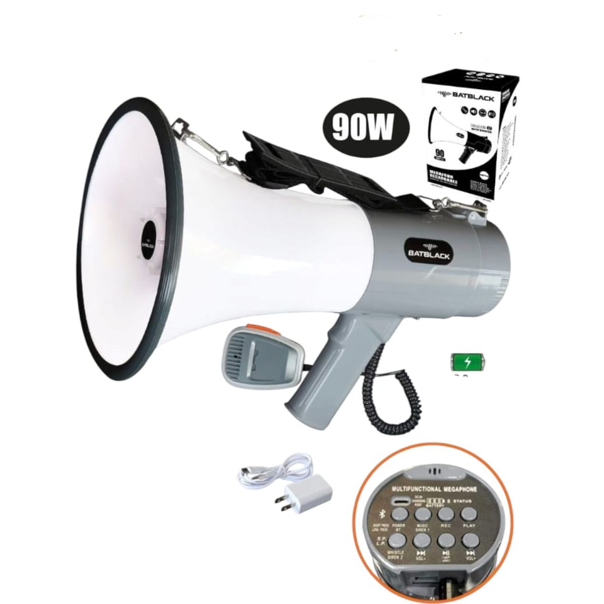 BATBLACK - Megáfono Recargable 90W con Sirena Bluetooth y USB BT-ER99 BATBLACK