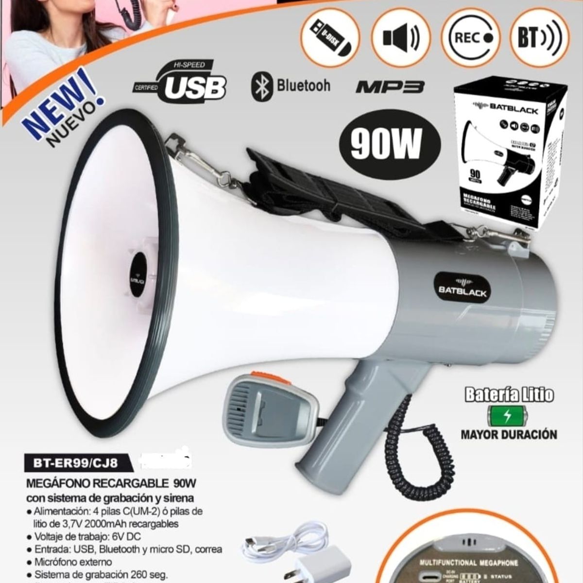 BATBLACK - Megáfono Recargable 90W con Sirena Bluetooth y USB BT-ER99 BATBLACK