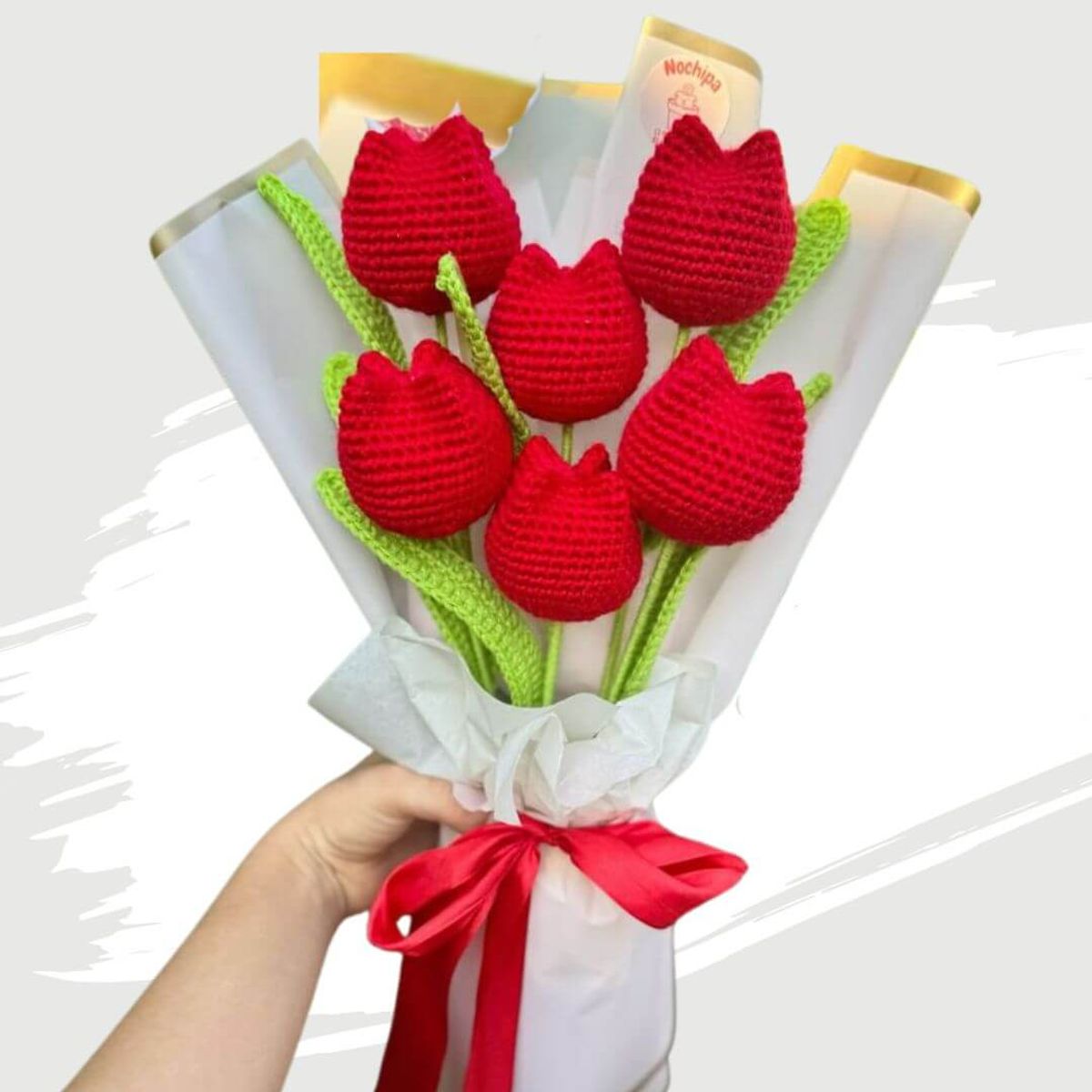 GENERICO - Ramo 06 Tulipanes Eternos Rojos Tejidos a Crochet Flores