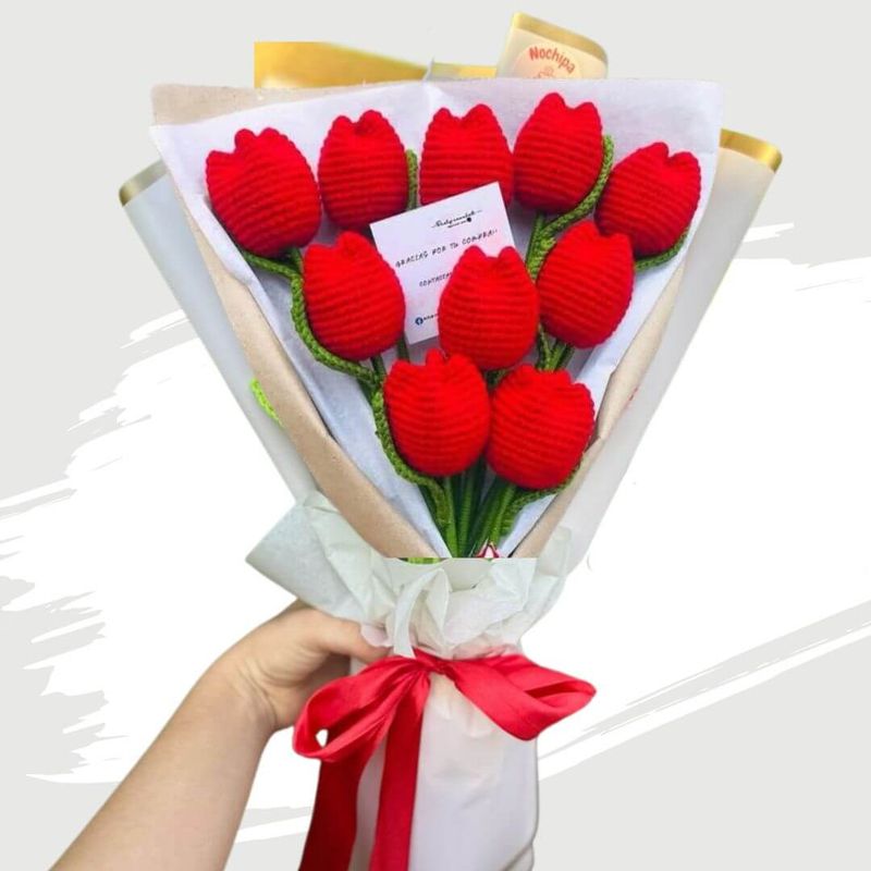 GENERICO - Ramo 10 Tulipanes Eternos Tejidos a Crochet Rojos Flores
