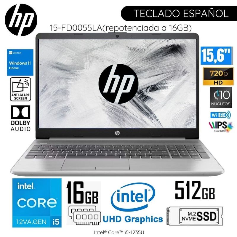 HP - Laptop HP 15-FD0055LA Intel Corei5-1235U 16GB RAM 512GB SSD 15:6"   HD WIN11 - Plateado