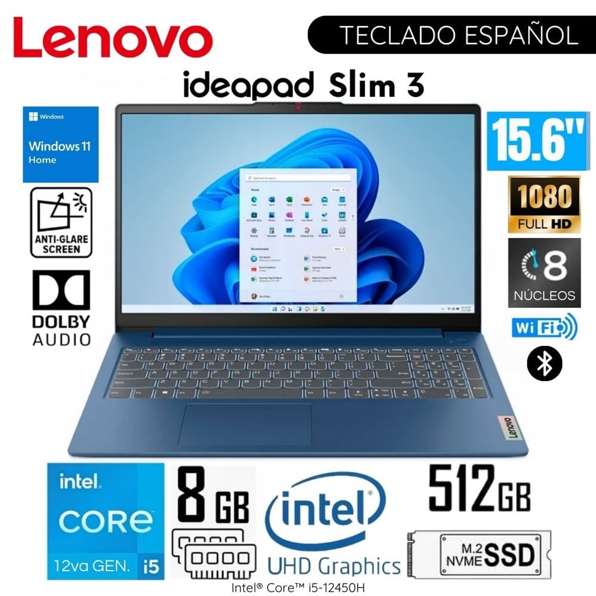 LENOVO - Laptop Lenovo IdeaPad Slim 3 15IAH8 Intel Core i5-12450H 8GB RAM 512GB SSD 15.6"  FHD  Abyss Blue