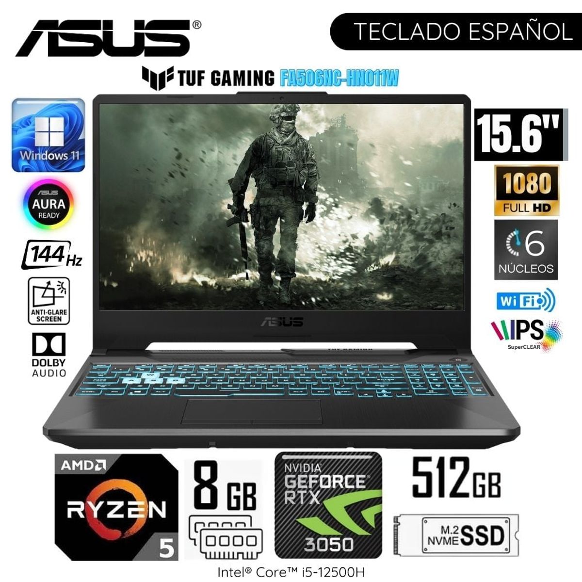 ASUS - Laptop Asus TUF GAMING FA506NC-HN011W AMD Ryzen 5 7535HS 8GB RAM 512GB SSD 15.6" FHD RTX3050 4GB