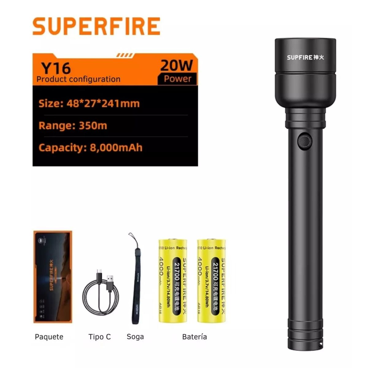 OEM - SUPERFIRE Y16 Linterna LED Recargable 20W, 2000 lm, 8000mAh