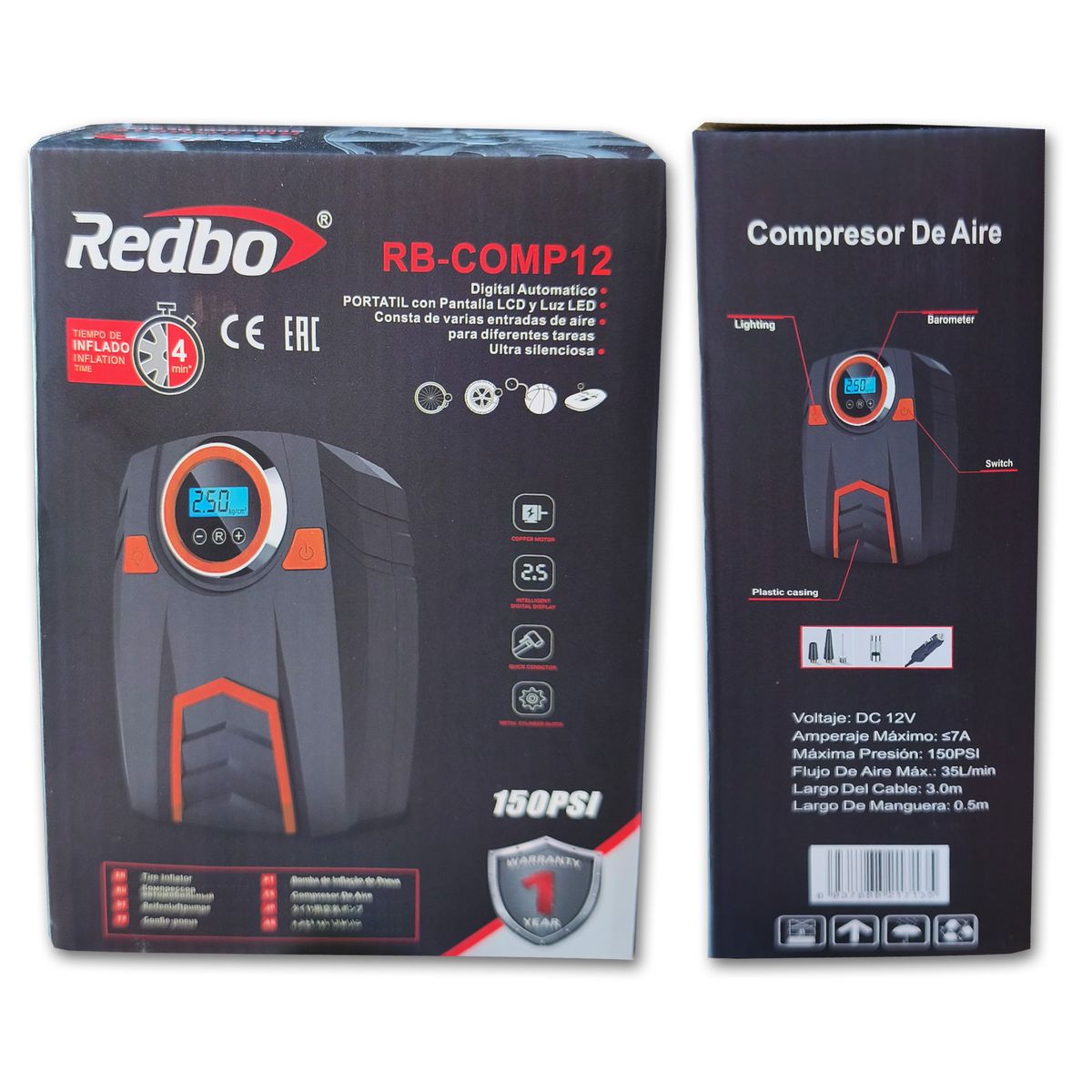 REDBO - Inflador Portátil De Llantas Digital para Auto 12V 150PSI