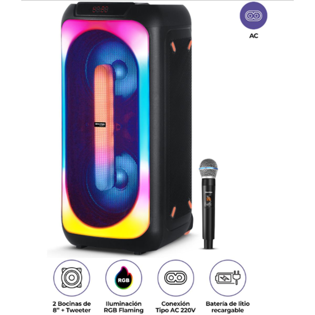 MAXTRON - Parlante Torre FASSANO 8"  MX802AC TW RGB DISK BT MIC FM MAXTRON