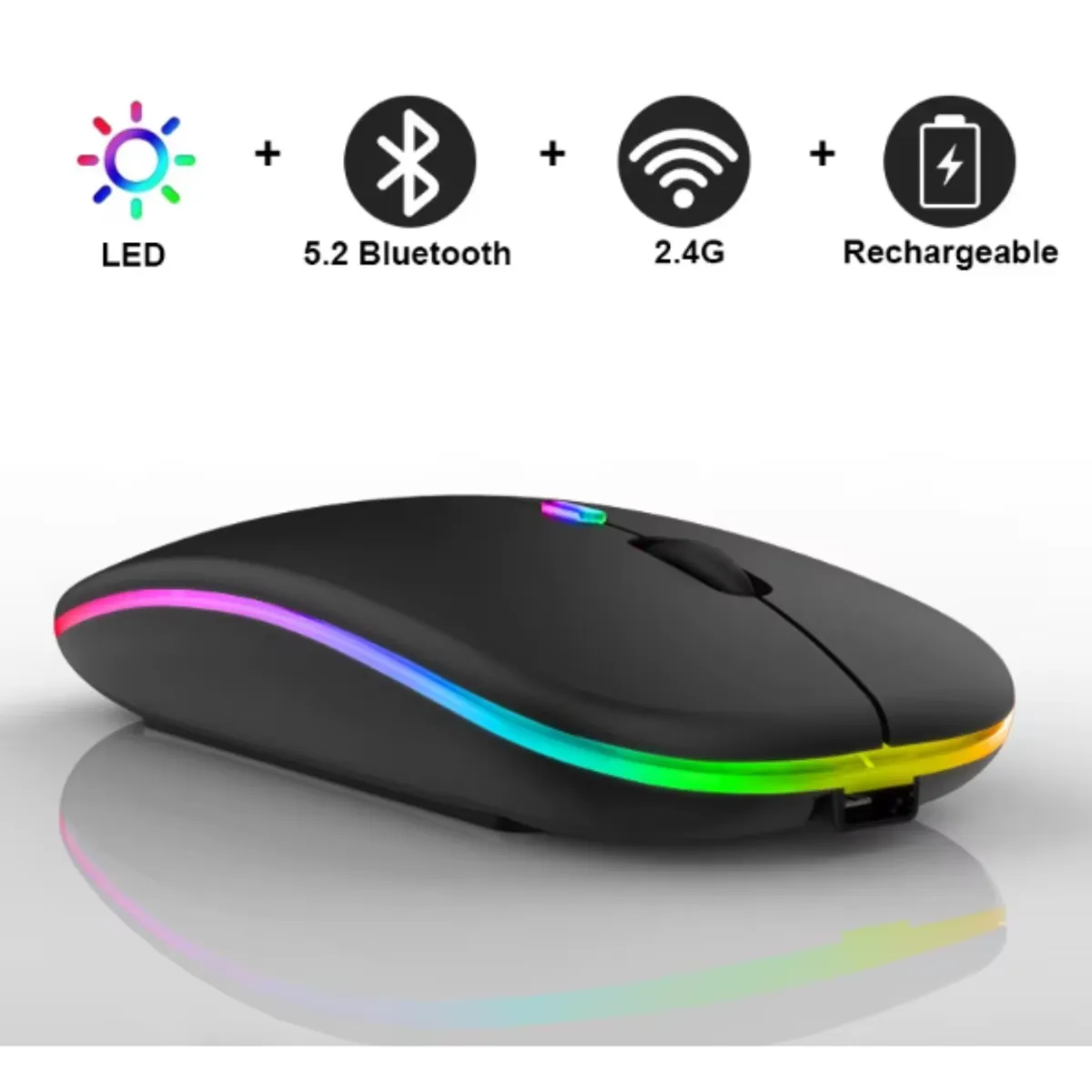 GENERICO - Mouse Inalámbrico Recargable Dual Bluetooth y USB 24G RGB NEGRO