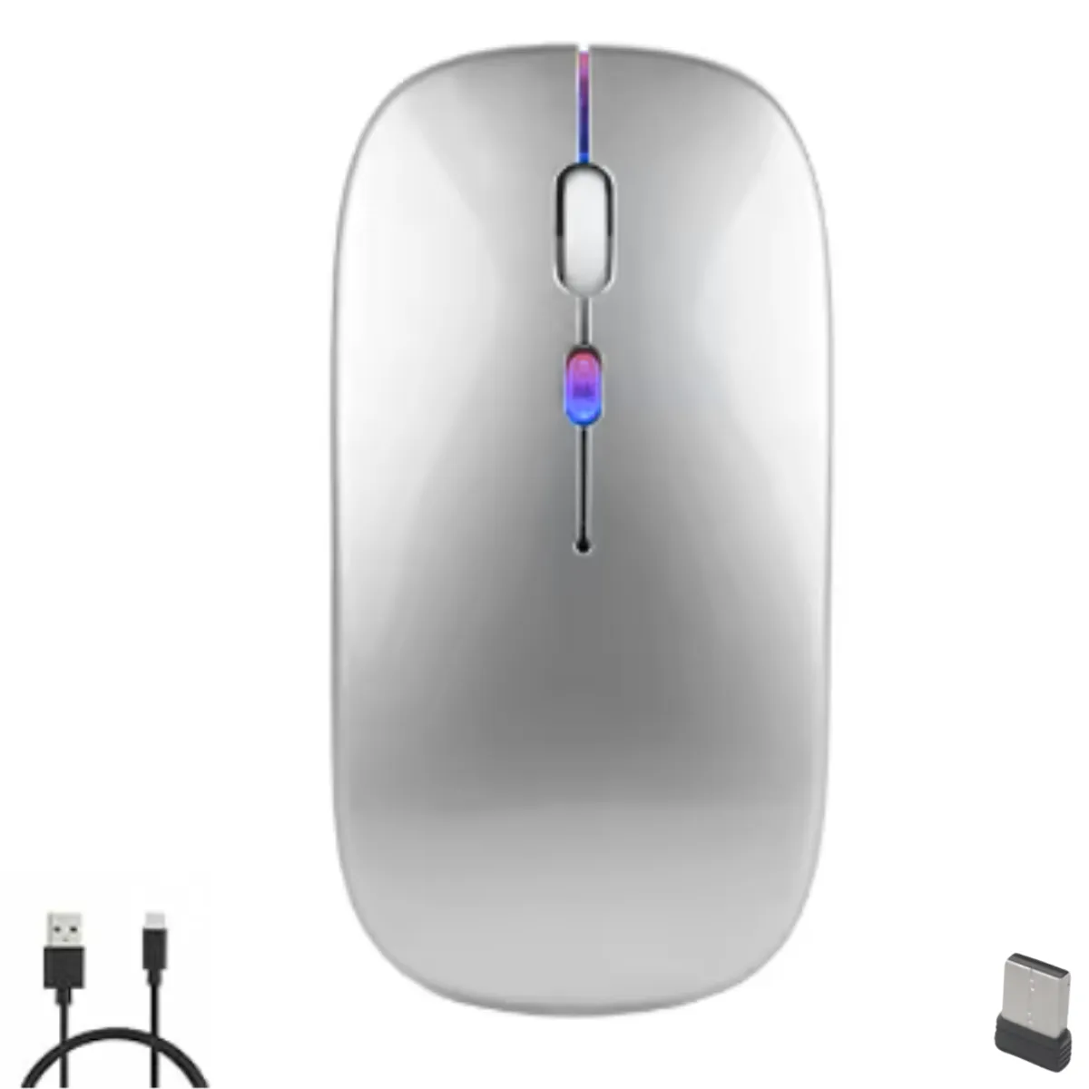 GENERICO - Mouse Inalámbrico Recargable Dual Bluetooth y USB 24G RGB PLATEADO