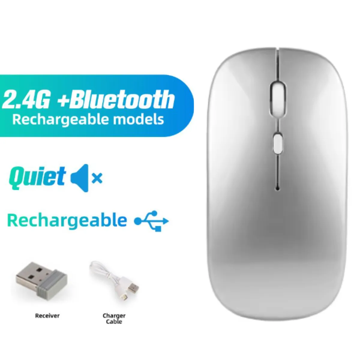 GENERICO - Mouse Inalámbrico Recargable Dual Bluetooth y USB 24G RGB PLATEADO