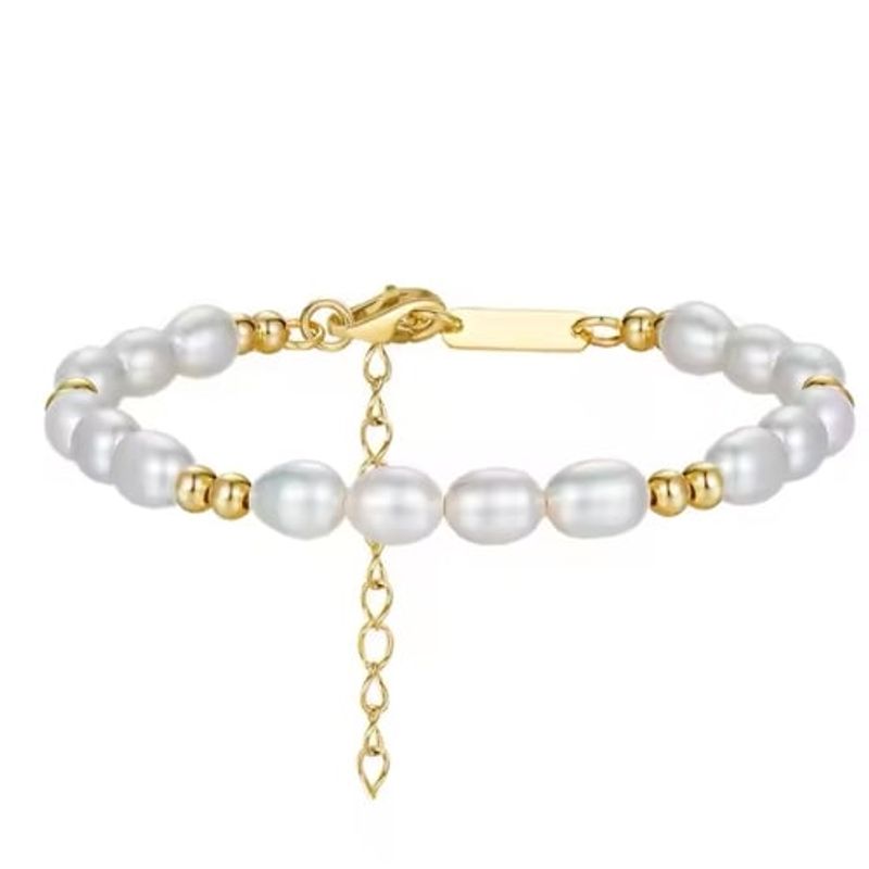 GENERICO - Pulsera Perlas de Río Mujer Bolitas Doradas Acero Inoxidable Ajustable