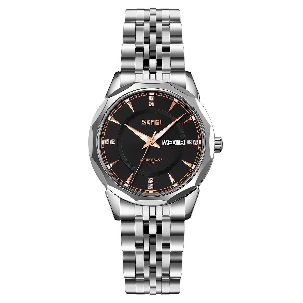 SKMEI - RELOJ SKMEI 9264 PLATEADO FONDO NEGRO CORREA ACERO PARA MUJER