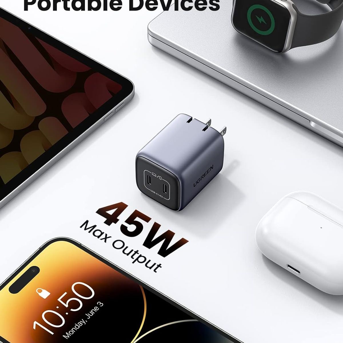 UGREEN - Cargador UGREEN 45W doble puerto C compatible con iPhone y android tipo C