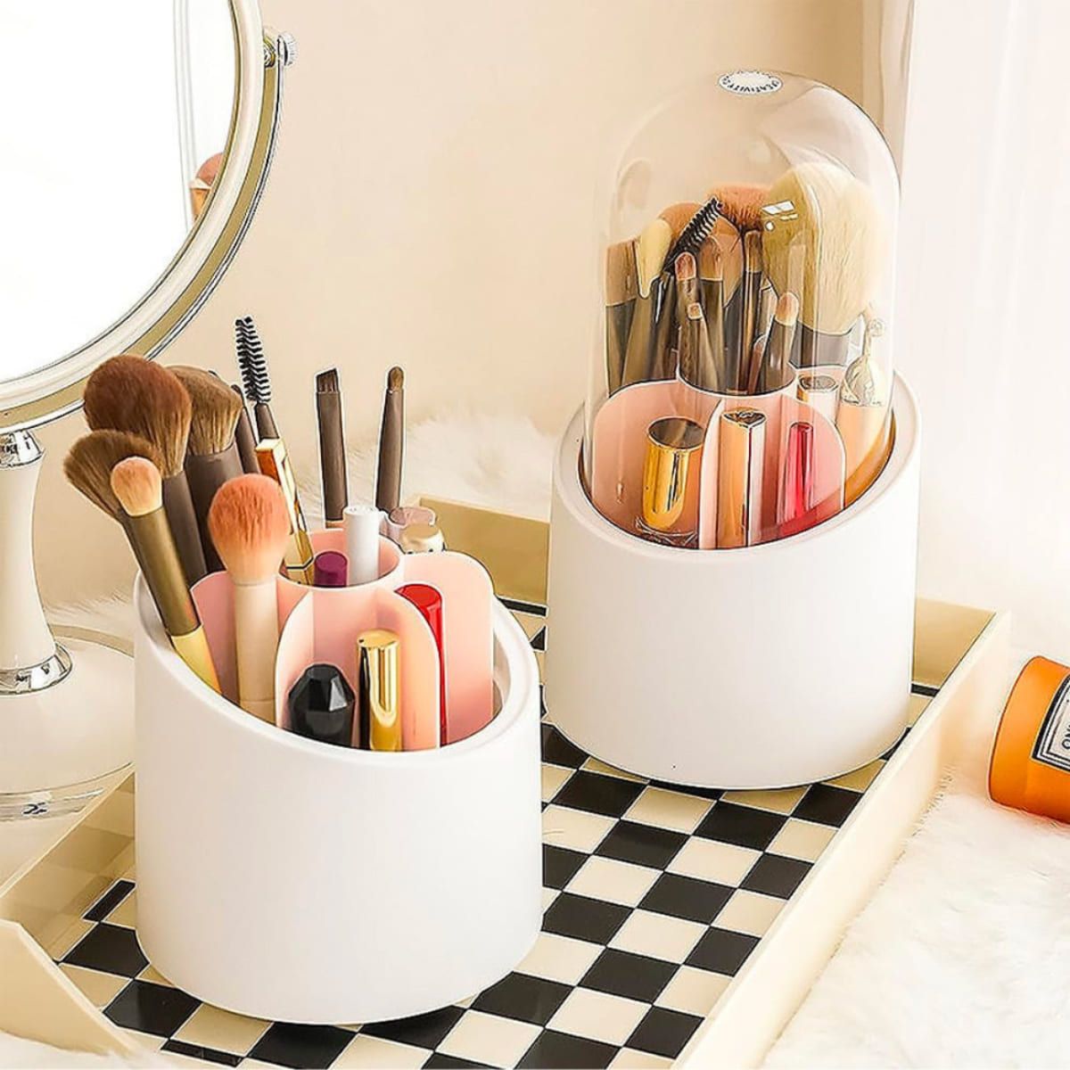 ELMEJORPRECIO - Organizador para Brochas de Maquillaje Giratorio Rosado