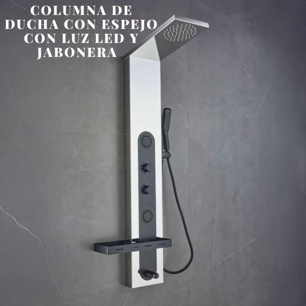 GENERICO - COLUMA DE DUCHA CON ESPEJO LUZ LED CROMADO CON NEGRO