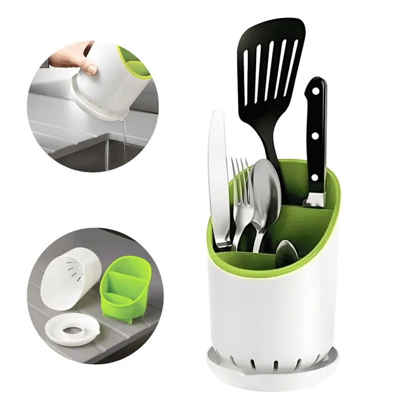 ELMEJORPRECIO - Porta Cubiertos con Base Escurridor y Diseño Removible