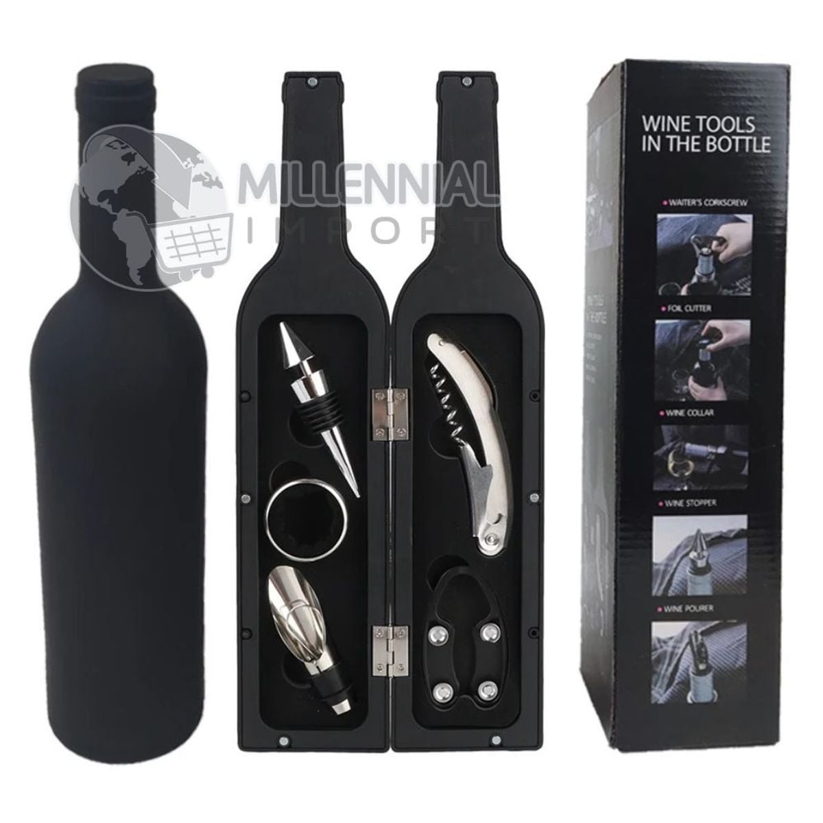 GENERICO - Kit Para Sacar Corcho de Vino 5 En 1 Forma De Botella