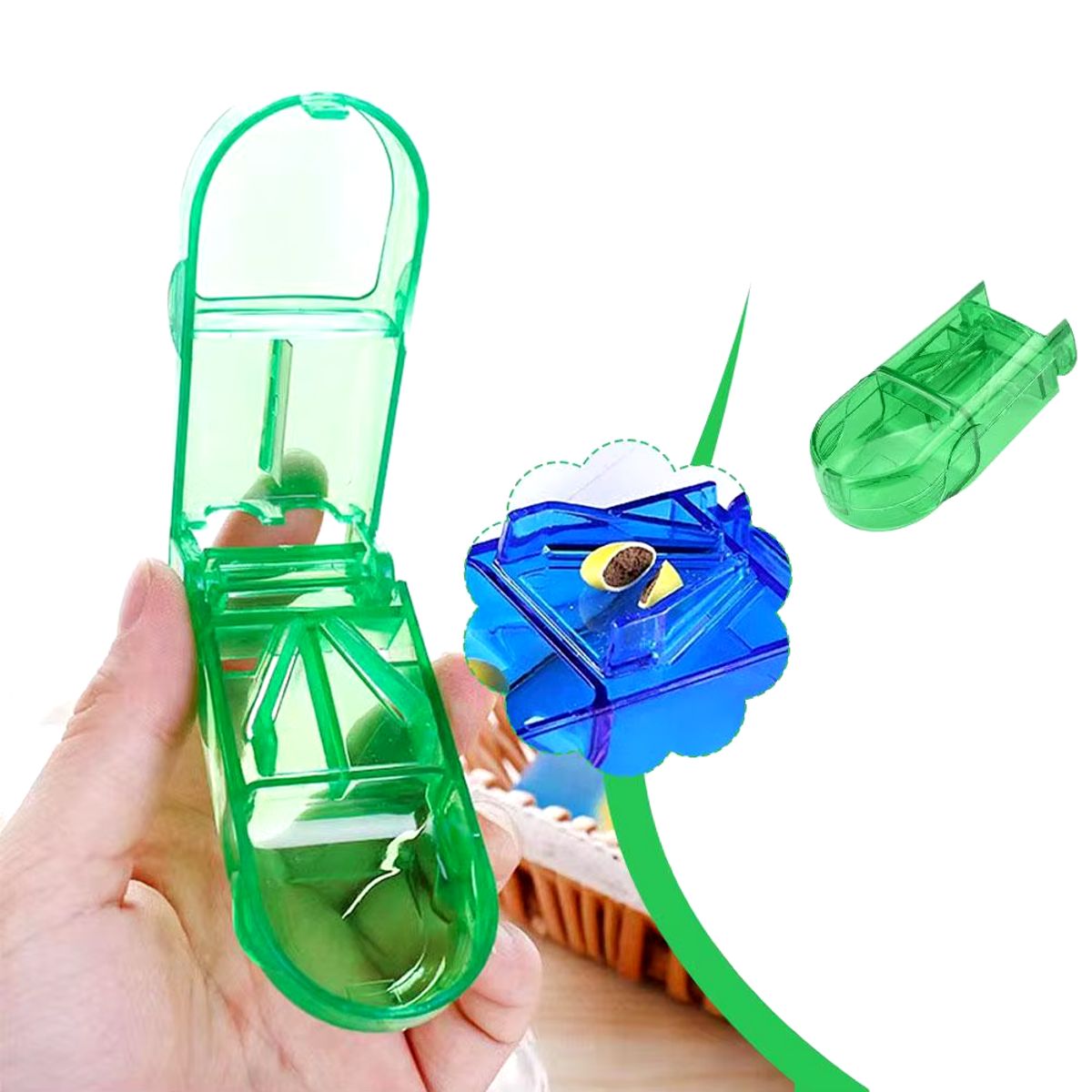 GENERICO - CORTADOR DE PASTILLAS PORTÁTIL CON PASTILLERO COLOR VERDE