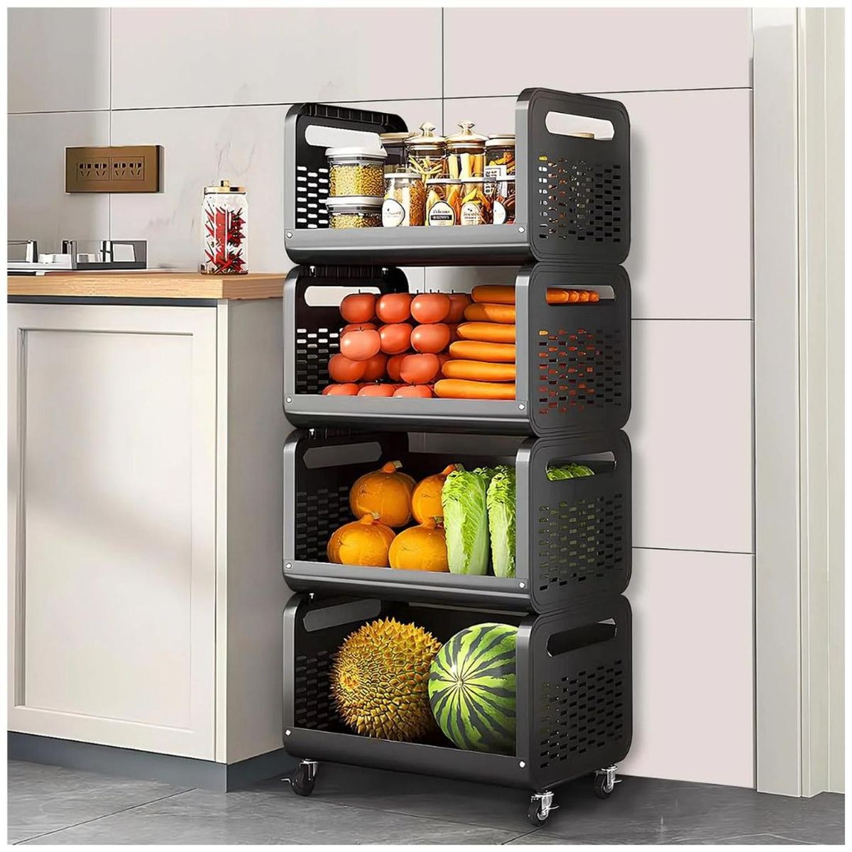 GENERICO - Estante Organizador con Carrito de Almacenamiento 4 niveles Negro