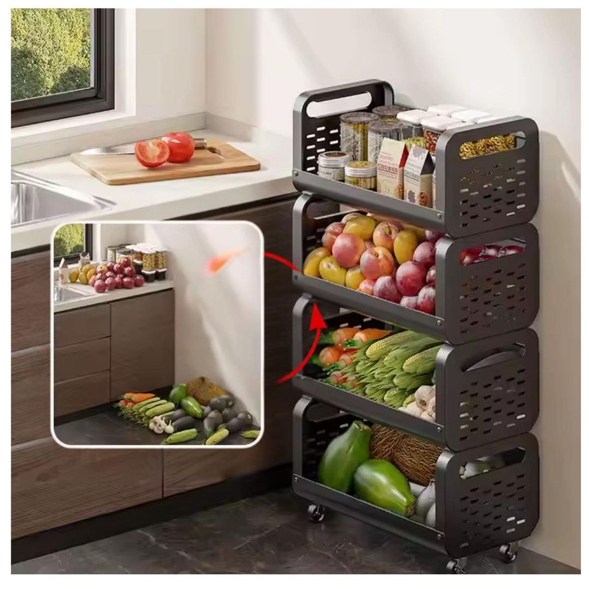 GENERICO - Estante Organizador con Carrito de Almacenamiento 4 niveles Negro