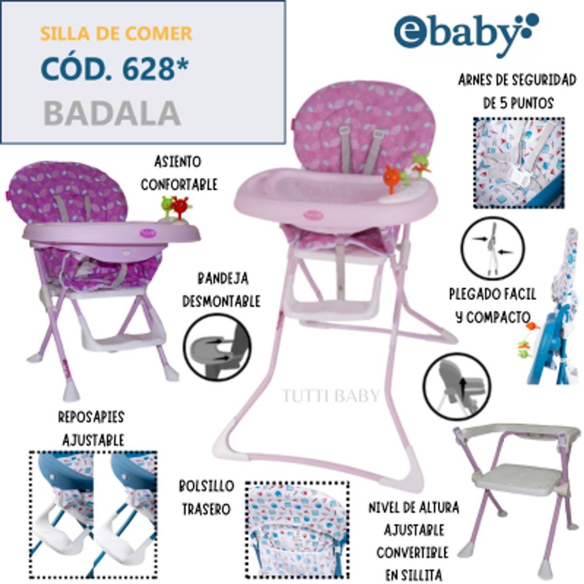EBABY - SILLA DE COMER GRADUABLE BADALA  – ROSADO