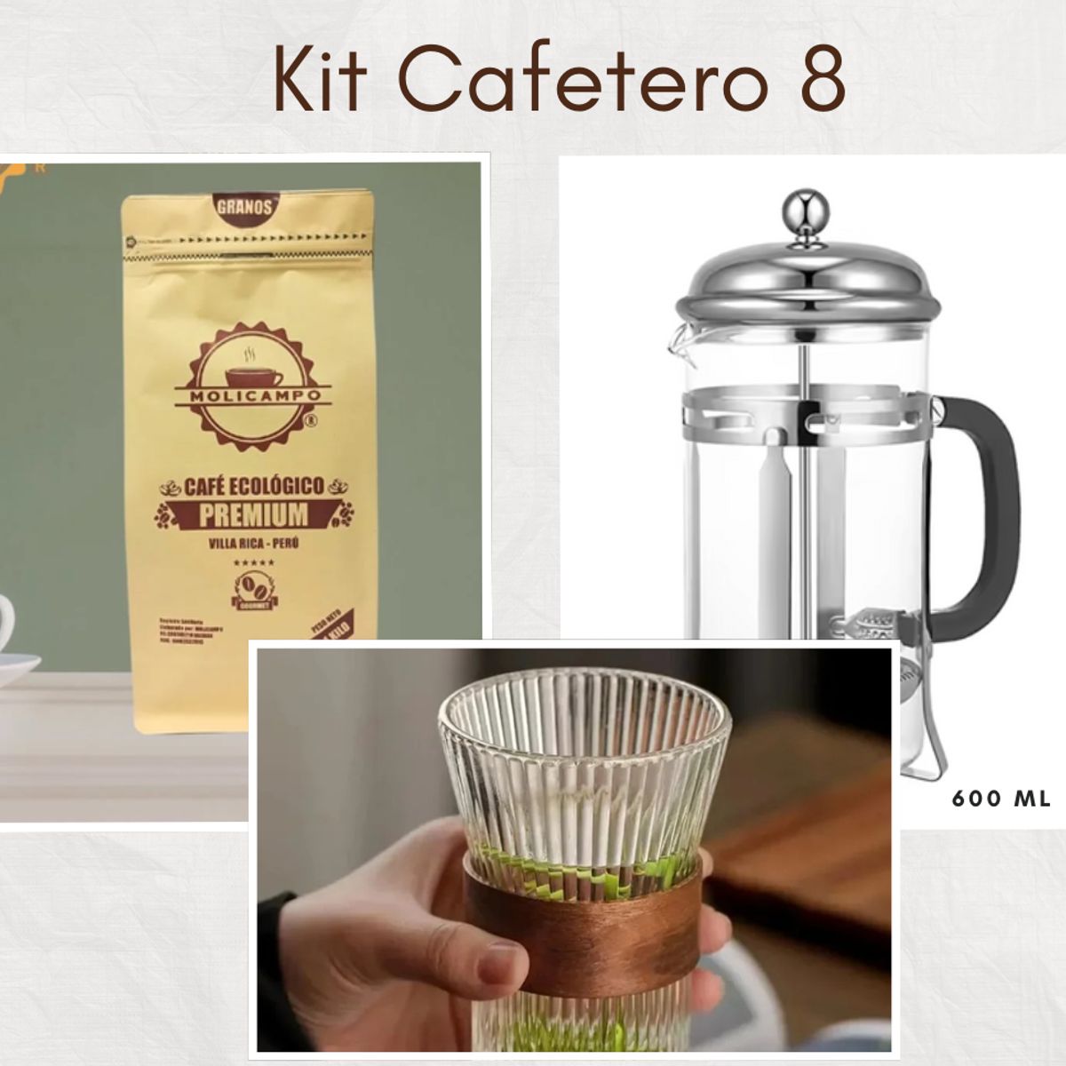 GENERICO - Kit cafetero 8 cafetera prensa + café + taza