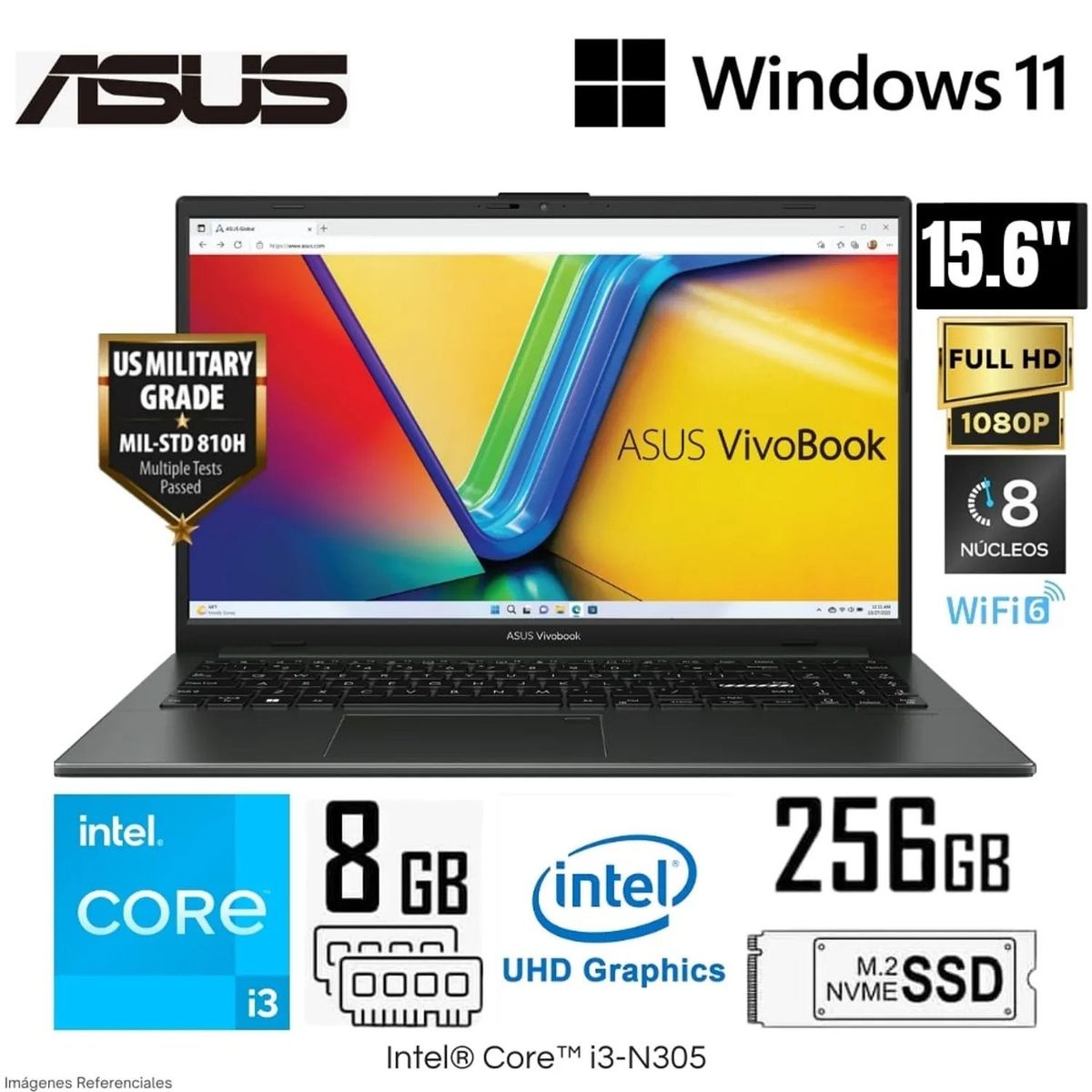 ASUS - Laptop Asus VivaBook Go 15 E1504GA-NJ006W Intel Core i3-N305 8GB RAM 256GB 15.6"  FHD Windows 11 Home