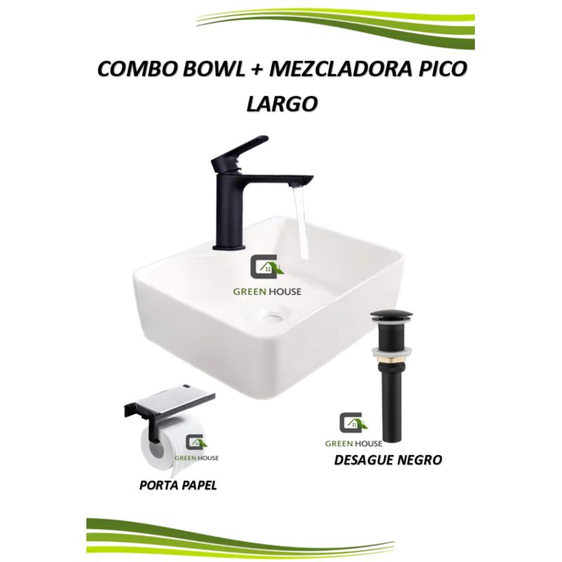 GREEN HOUSE - COMBO LAVATORIO LOZA BLANCO + MEZCLADORA PICO LARGO + DESAGUE