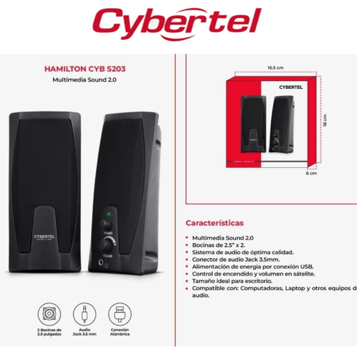 CYBERTEL - Parlante HAMILTON CYB S203 PARLANTE 2.0 USB 2" RMS:6W CYBERTEL