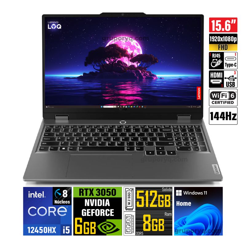 LENOVO - Laptop LENOVO LOQ 15IAX9 Intel Core i5-12450HX 15.6" FHD IPS 144Hz 8GB 512GB RTX 3050 6GB 83GS000BLM